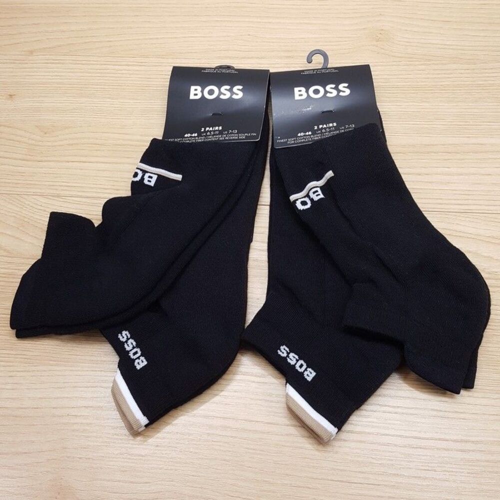 HUGO BOSS Low Cut Ankle Socks Mens 7-13 Black 4-Pair Solid Logo Cotton Blend